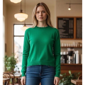 J Crew Womens Green Ruffleneck Sweater 100% Cotton Office Casual